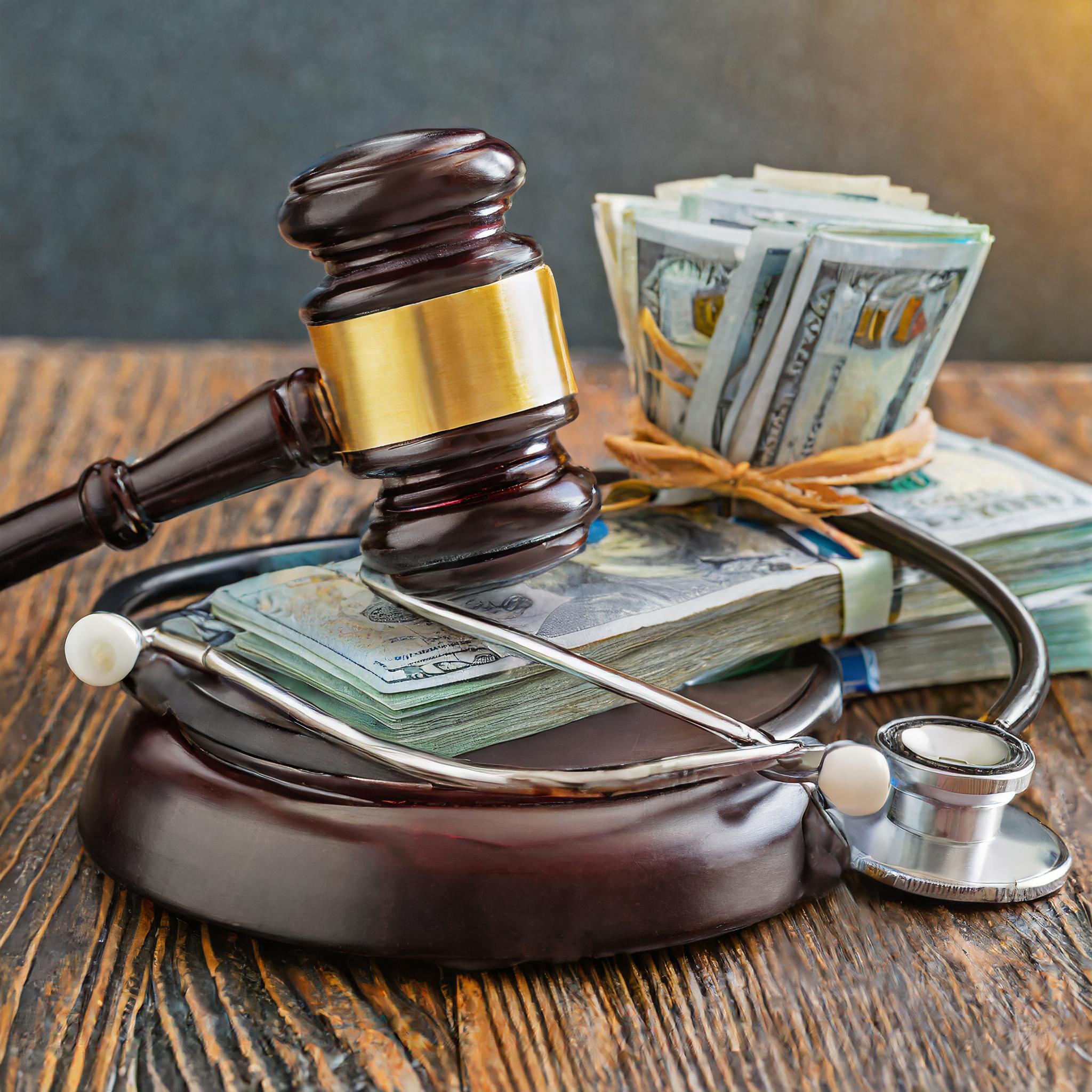 Firefly photo of stethoscope, stack of money and judge’s gavel 93618